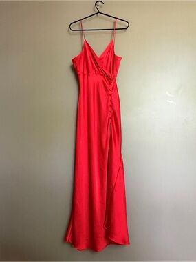 Zara Red Satin Maxi Slip Dress with Side Buttons